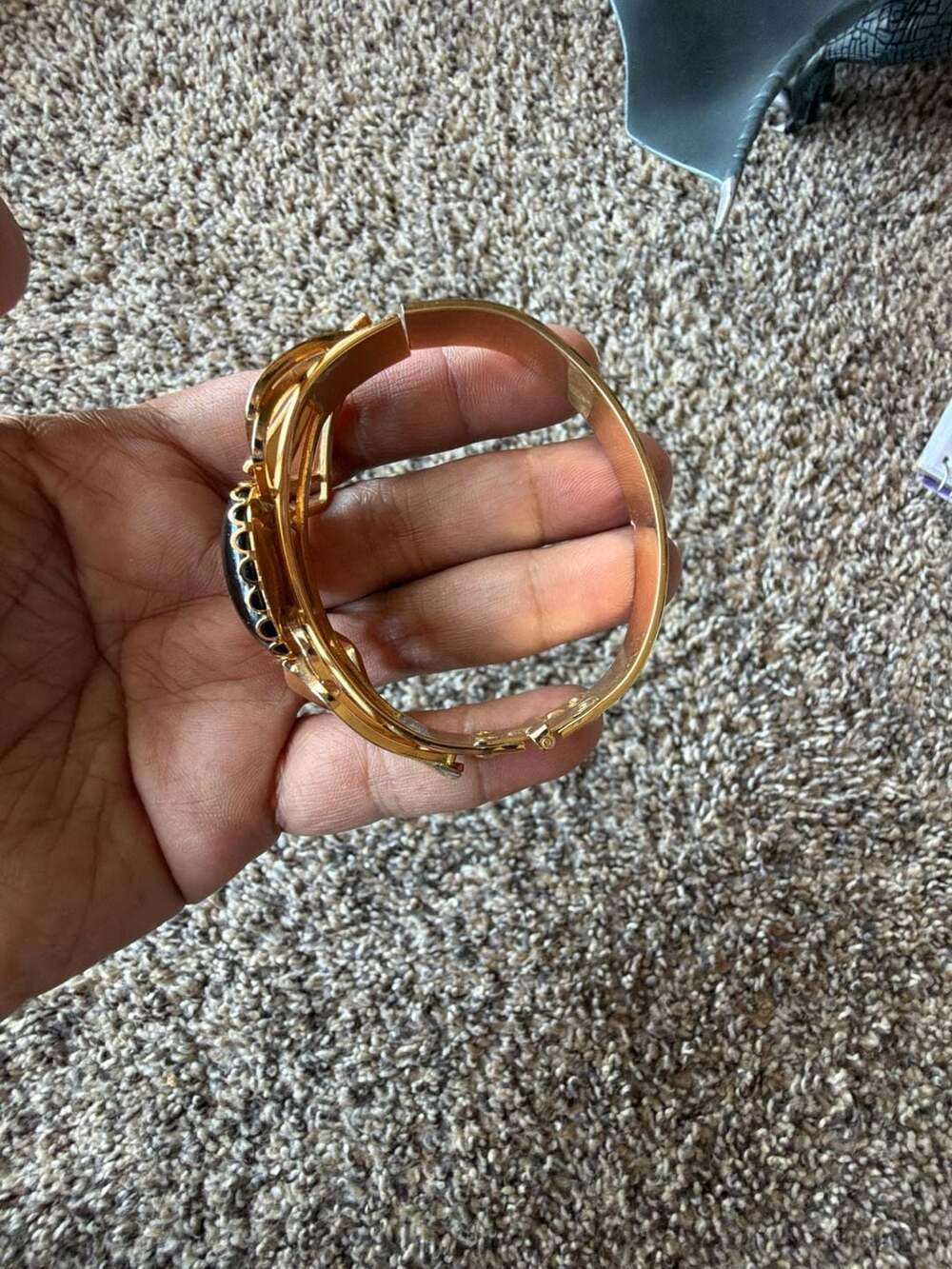 Vintage Gold Tone Hinged Statement Bangle Bracelet with Large Black Cabochon